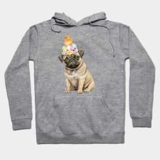 Sweet baby pug wit easter wreath and lttle yellow chicken on the head Hoodie